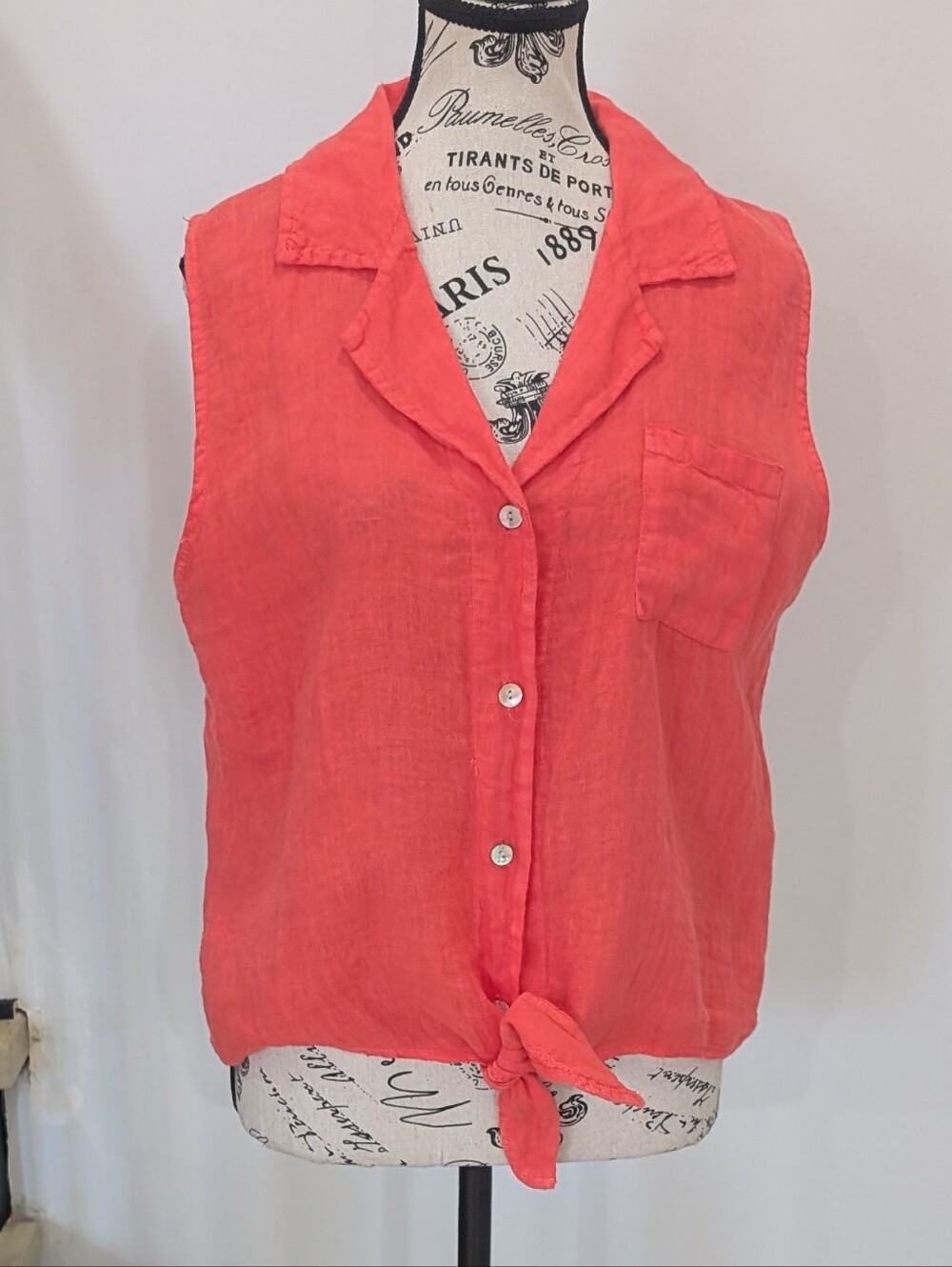 111%LINO| Women's Coral Sleeveless Button Up 100% Linen Blend Button Up Shirt